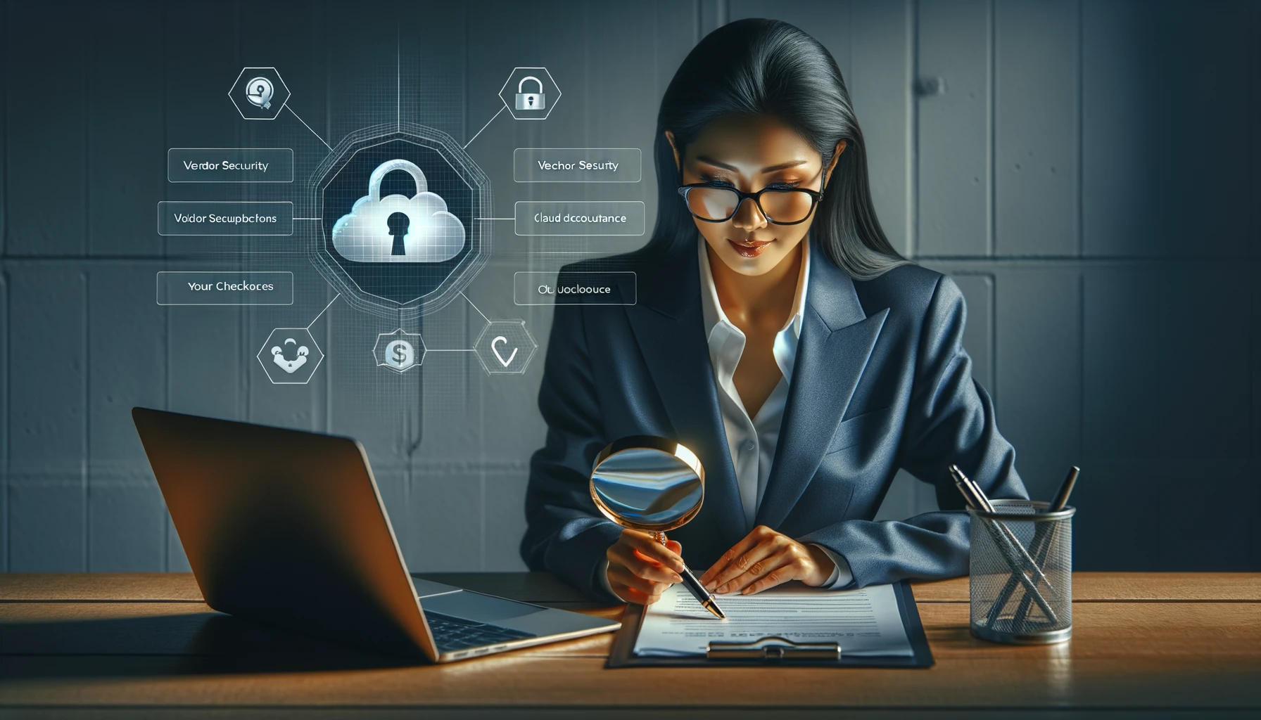 A CPA reviewing a vendor security checklist on a laptop next to printed cloud software contracts