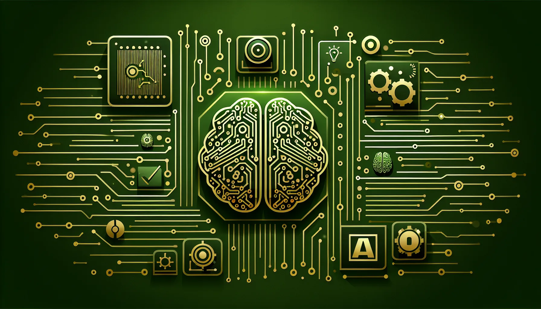 Office worker navigating a tidy workflow with AI tool icons organized around a laptop