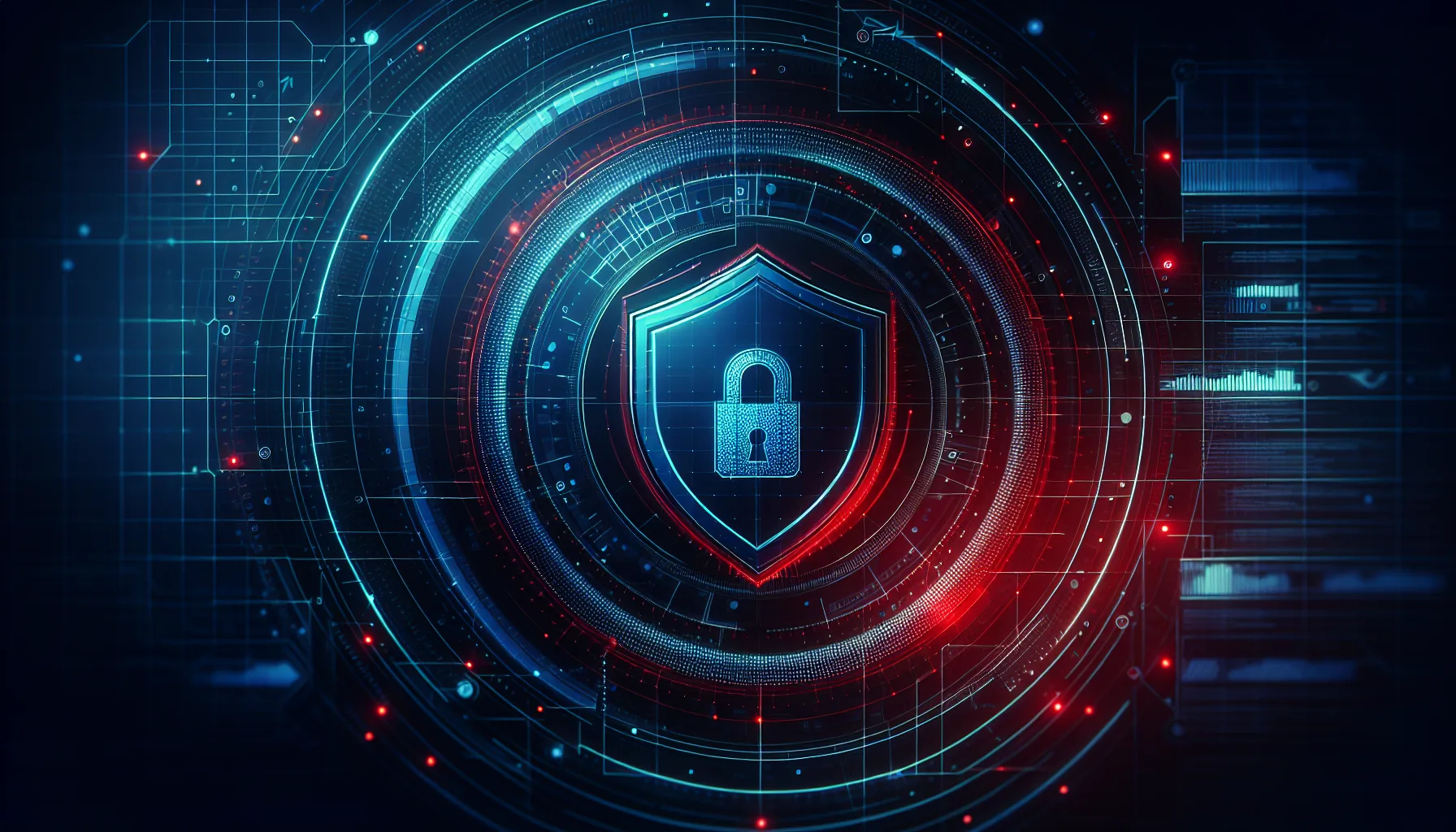 Security camera with a padlock symbol and a hacker silhouette attempting remote access