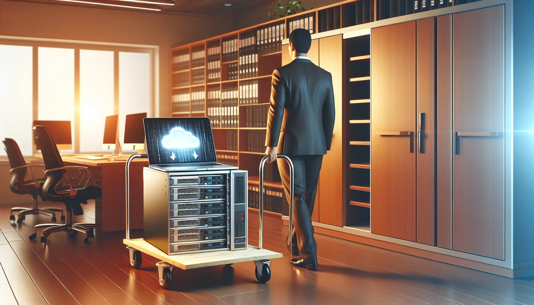 Six physical servers being replaced by a single cloud migration arrow in a CPA office