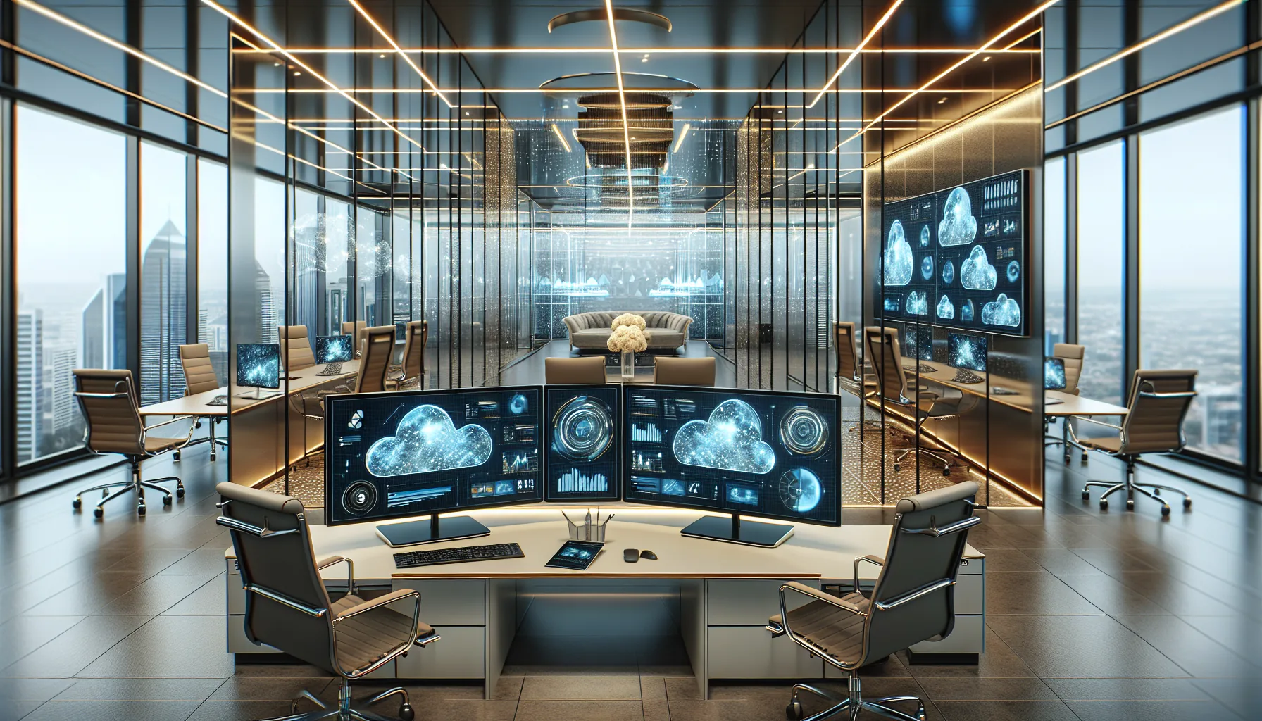 Financial services office team collaborating around cloud migration dashboard on multiple monitors