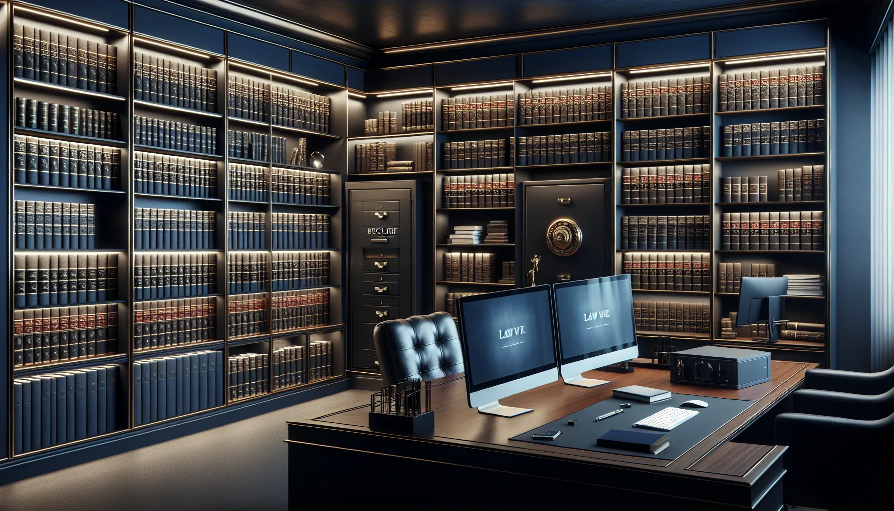 Law firm attorney at secure workstation with padlock and legal documents protected by network encryption