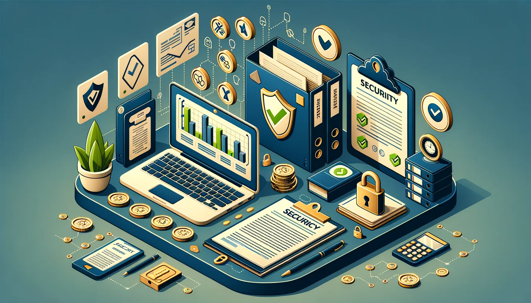 CPA reviewing cyber insurance policy documents with security checklist and locked file cabinet