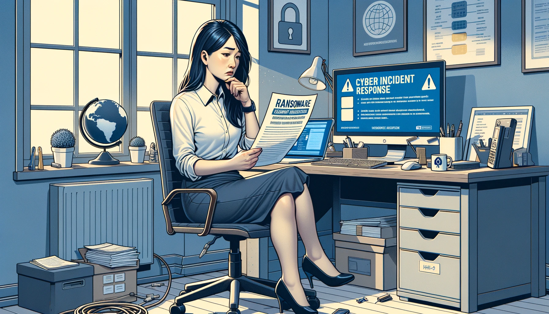 A small professional services office with two employees reviewing a printed incident response checklist at a desk, looking focused but calm