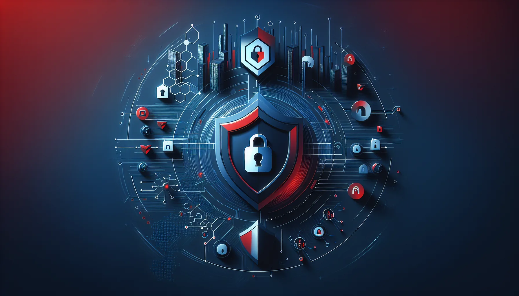 Office team gathered around laptop learning cybersecurity awareness habits with shield and lock icons