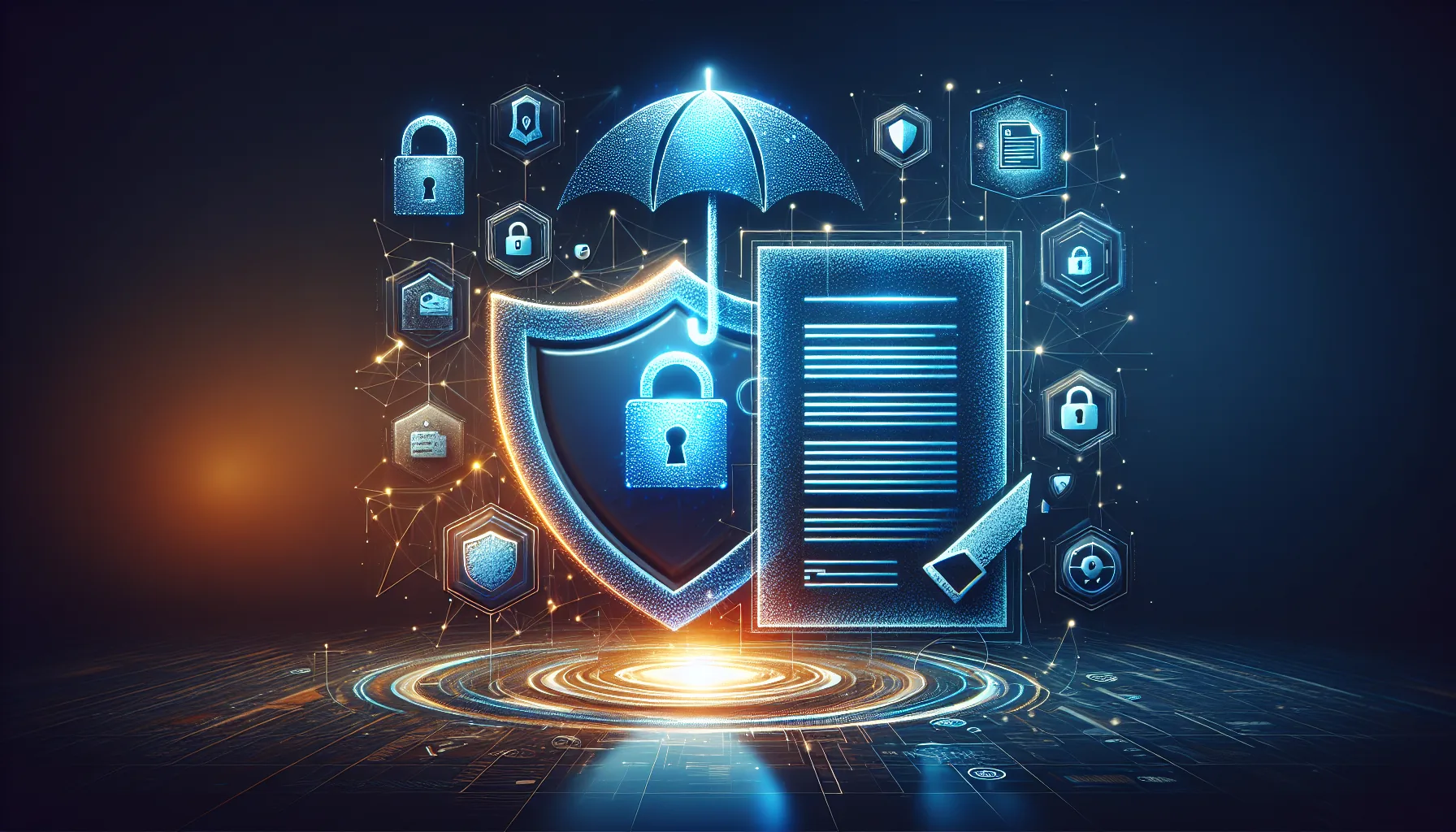 Professional firm partner reviewing cyber insurance policy document with digital security metrics overlay