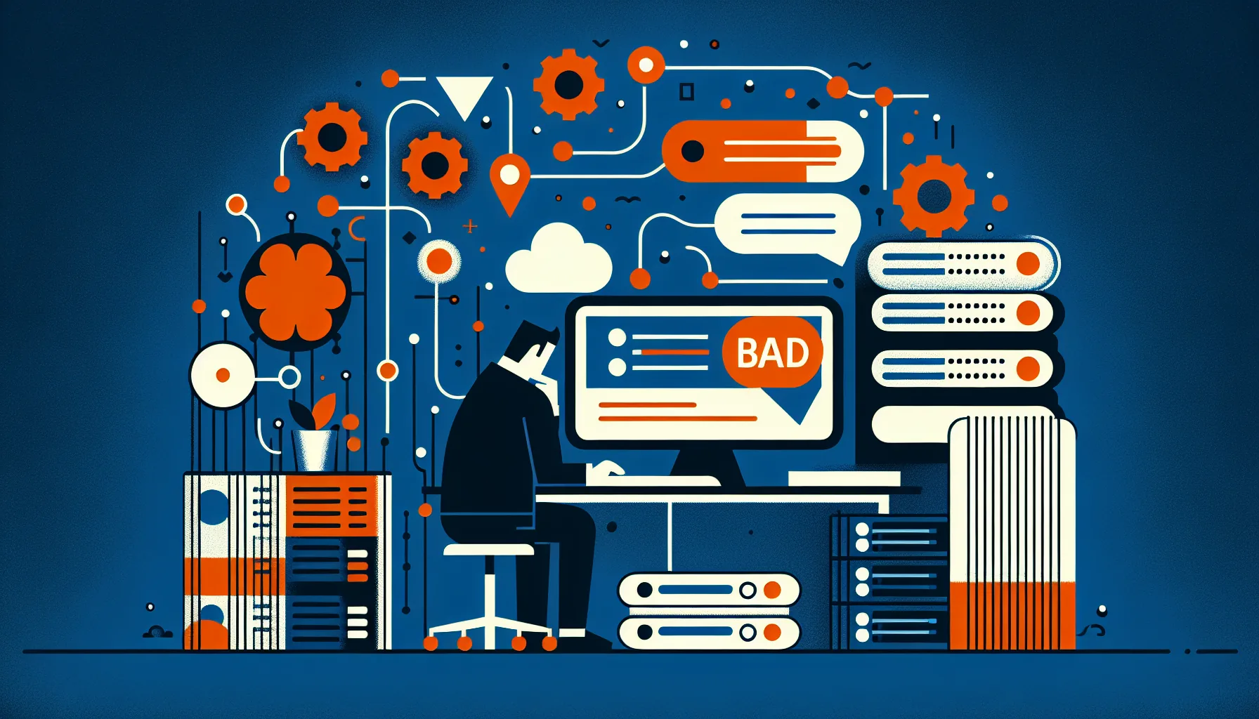 Frustrated business owner staring at broken computer while IT support technician looks disconnected and unhelpful