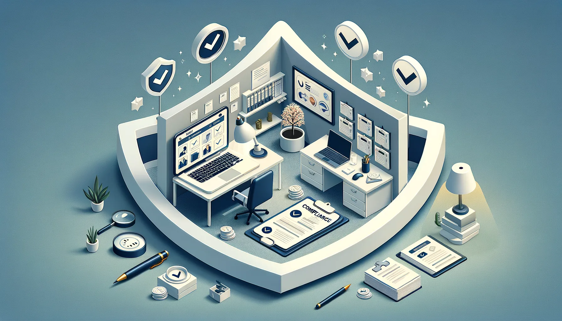 FTC compliance checklist overlaid on a small financial firm office with federal regulatory seal graphic