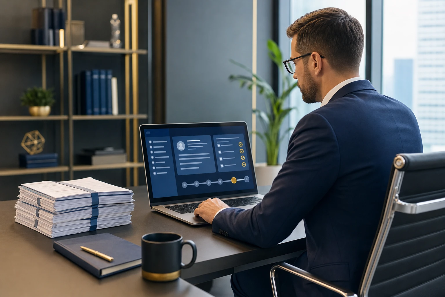 Accountant reviewing a digital client onboarding checklist on a laptop with document automation tools visible on screen