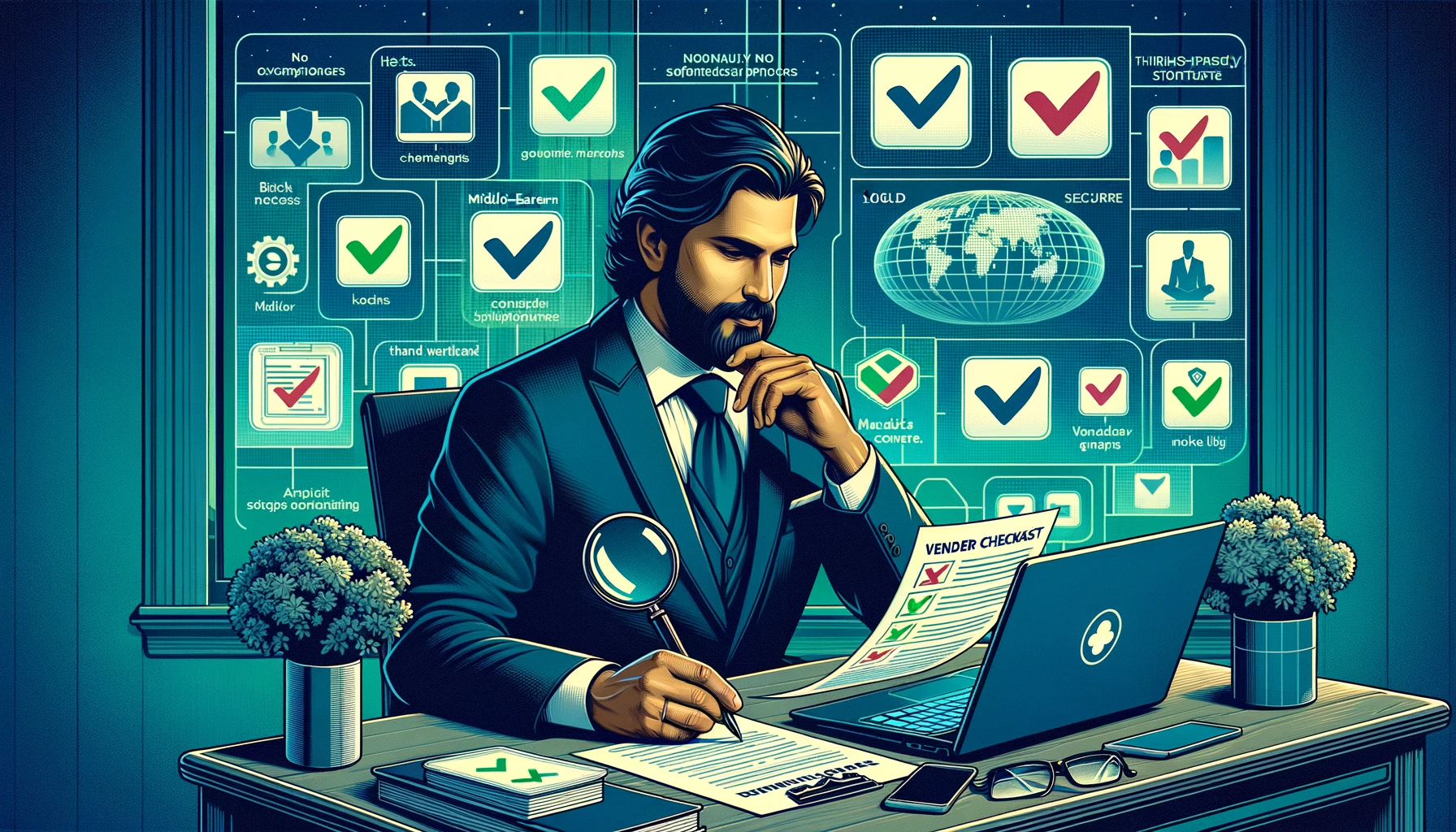 A financial advisor reviewing vendor security documentation on a laptop at a tidy desk with compliance folders in the background