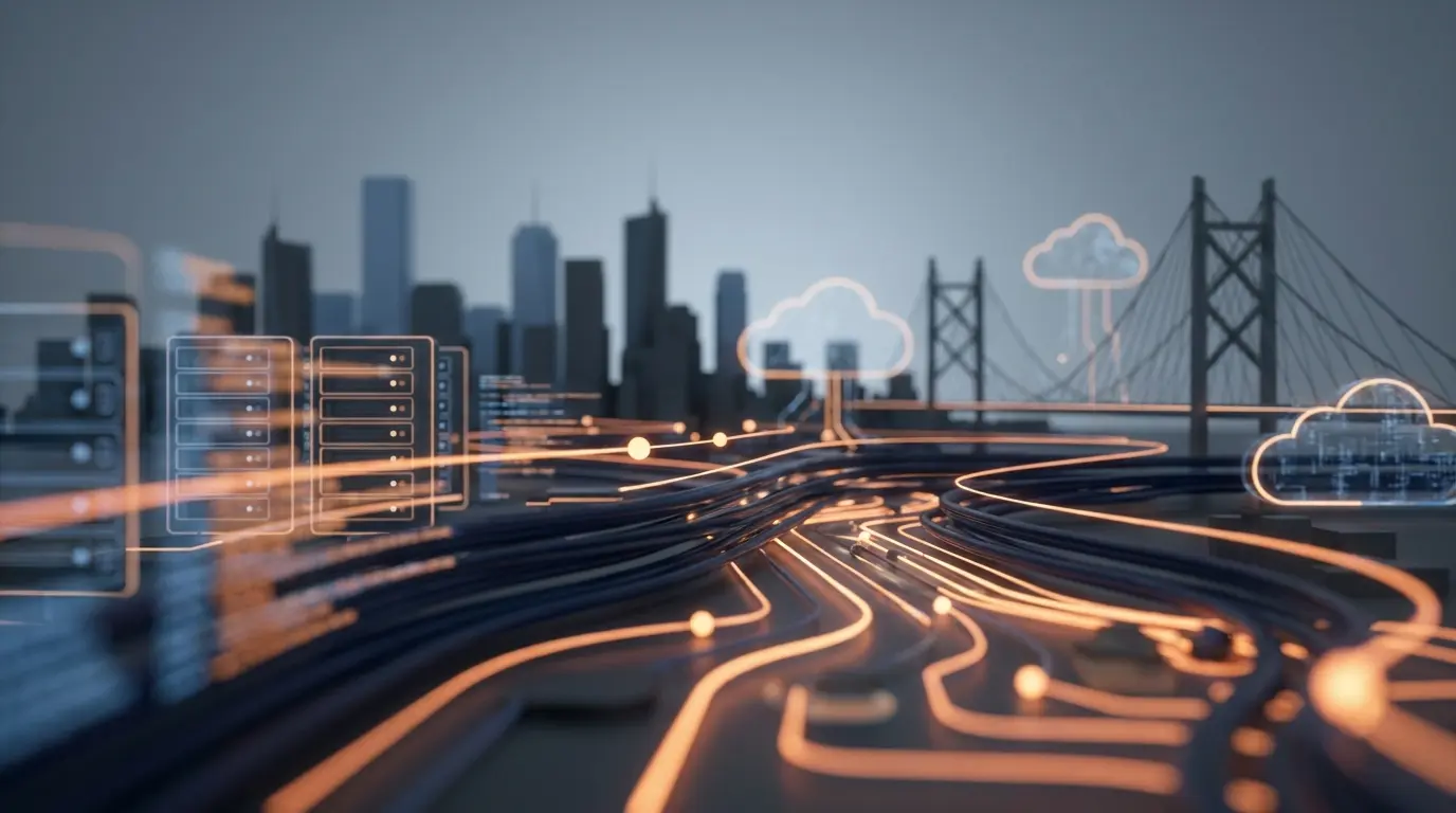 Stylized Bay Area skyline and bridge silhouette overlaid with glowing data streams flowing between server racks and cloud icons
