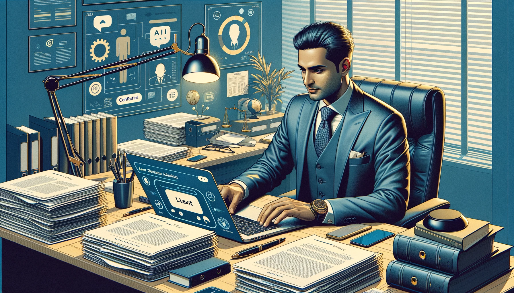 Attorney reviewing AI tool settings on a laptop with legal documents visible on the desk