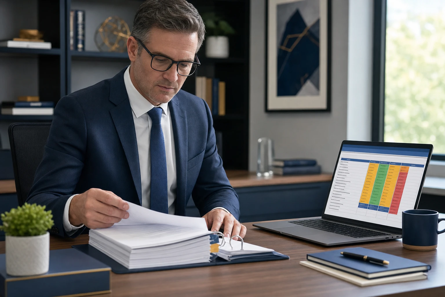 A financial advisor reviewing compliance documentation at a desk with a laptop and printed policy binders