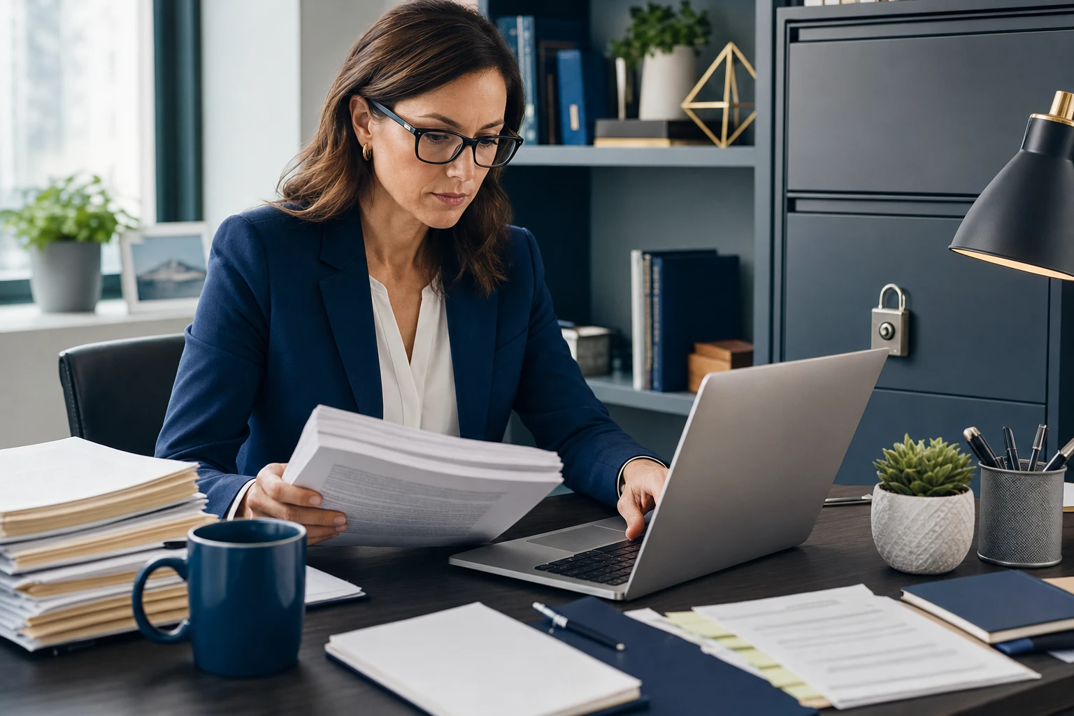 A financial adviser at a small RIA reviews compliance documents on a laptop, representing SEC Regulation S-P obligations for boutique investment advisory firms