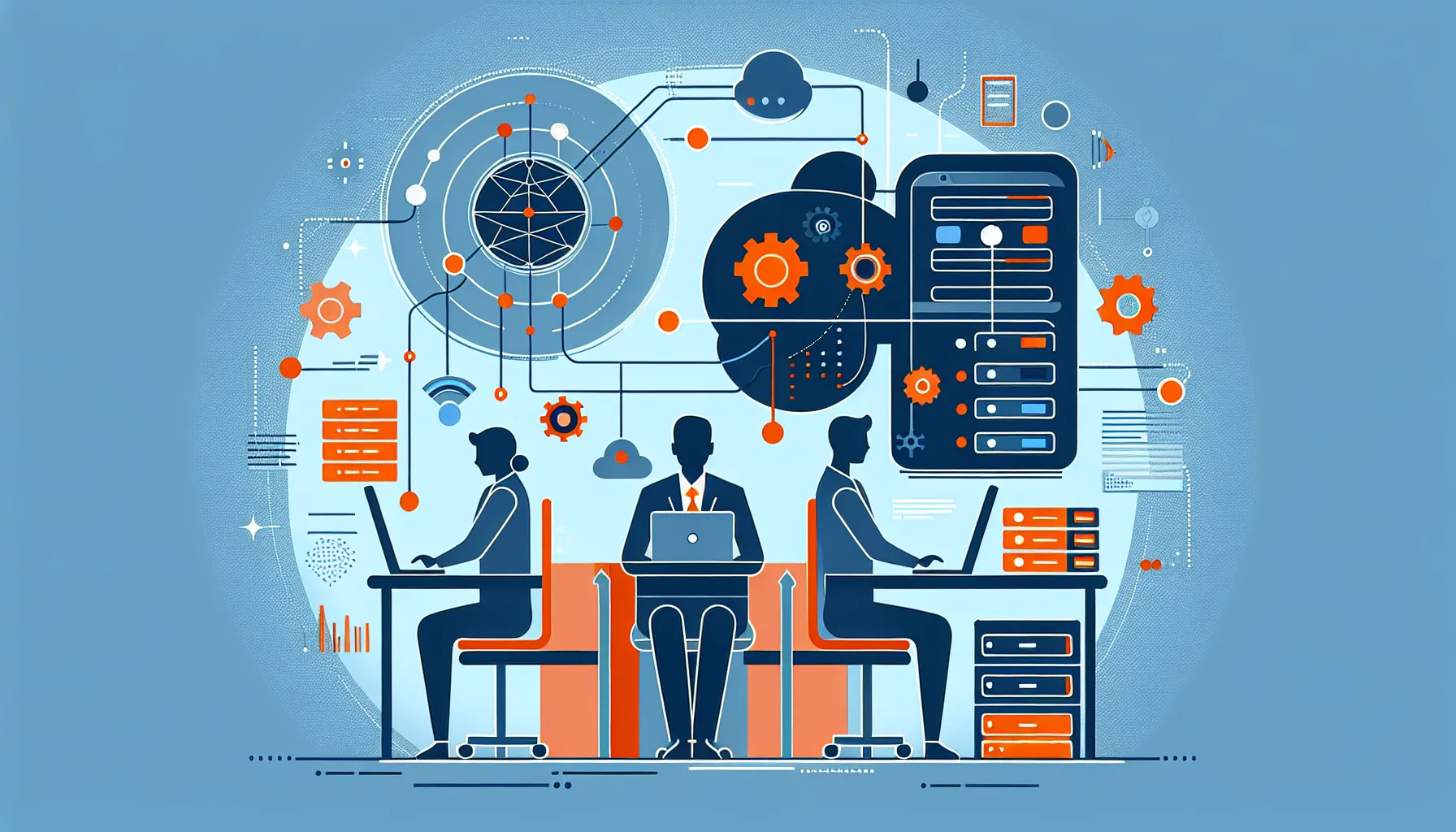 Business owner browsing software options on screen with San Francisco skyline in background