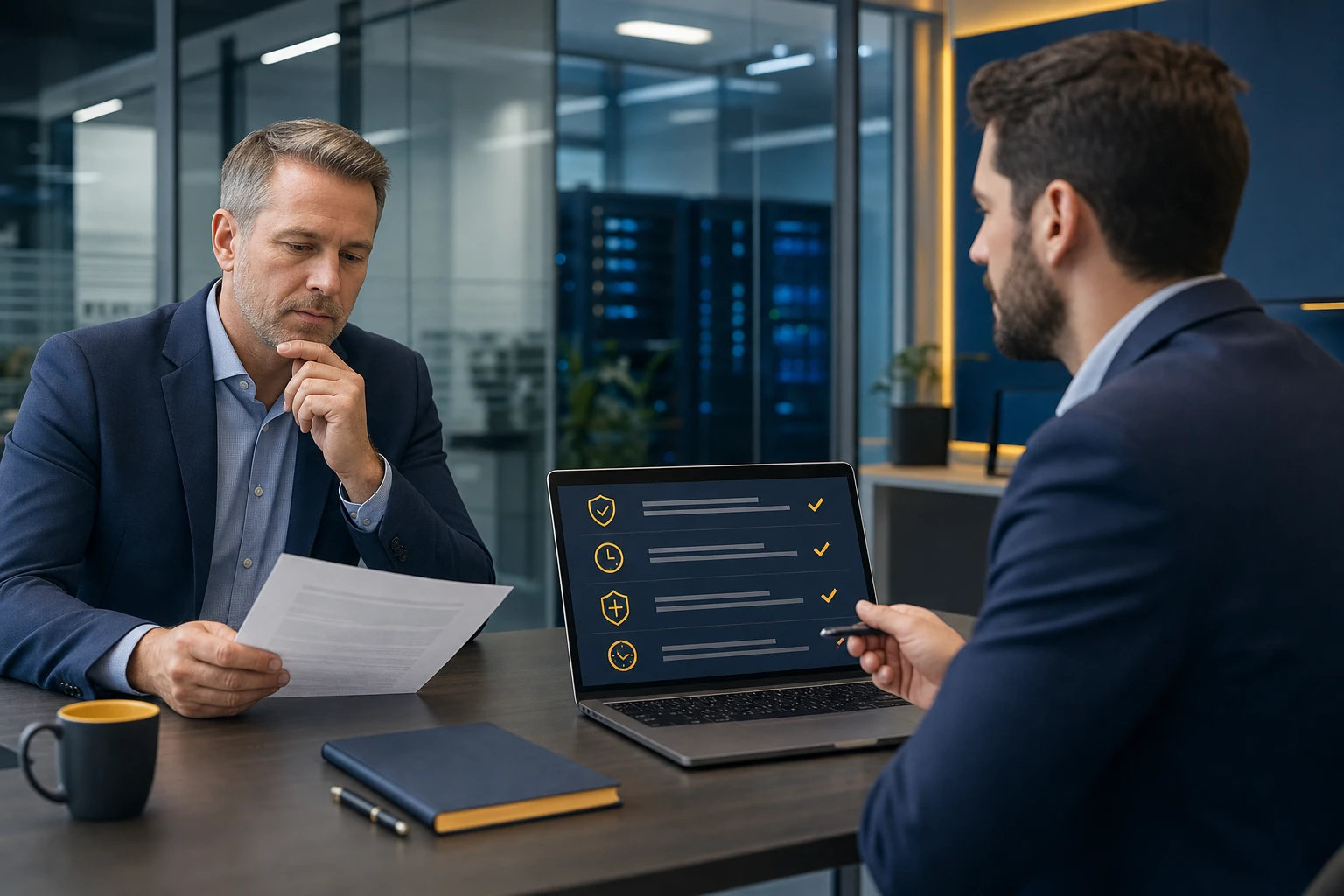 A managing partner reviewing a vendor contract at a desk with a checklist and laptop nearby