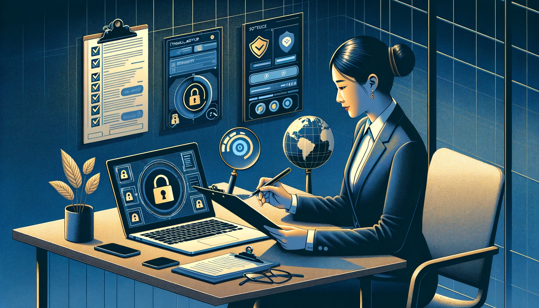 A financial advisor reviewing a vendor contract on a laptop, with a security checklist visible on a second monitor