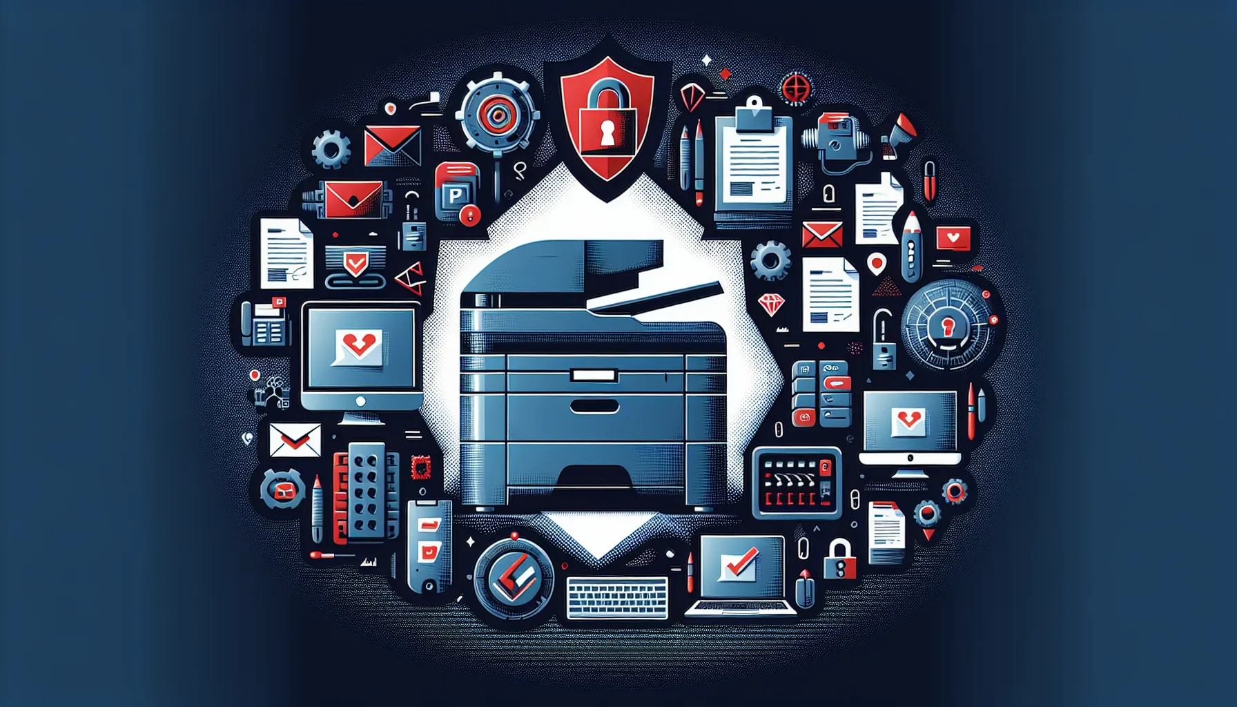 Office printer with warning symbols and network vulnerability indicators glowing red