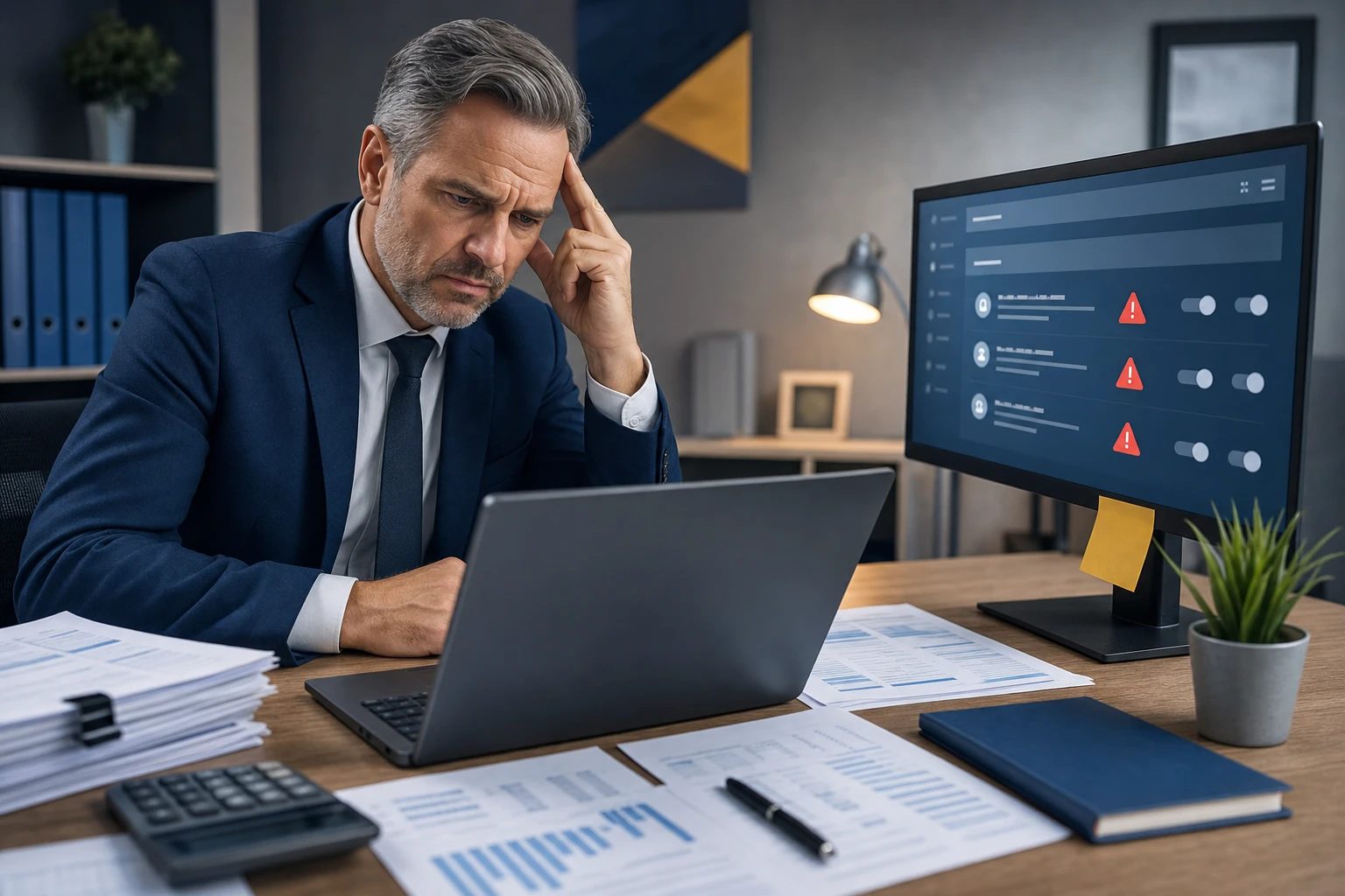 A CPA reviewing Microsoft 365 security settings on a laptop in a professional accounting office