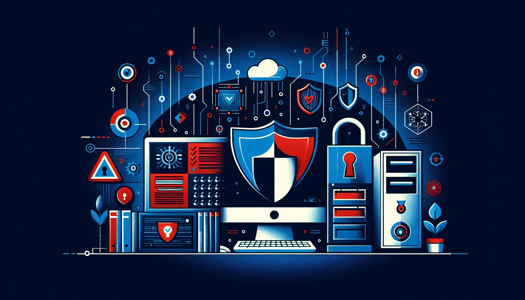 Clean organized desktop with files being sorted into folders and trash bin