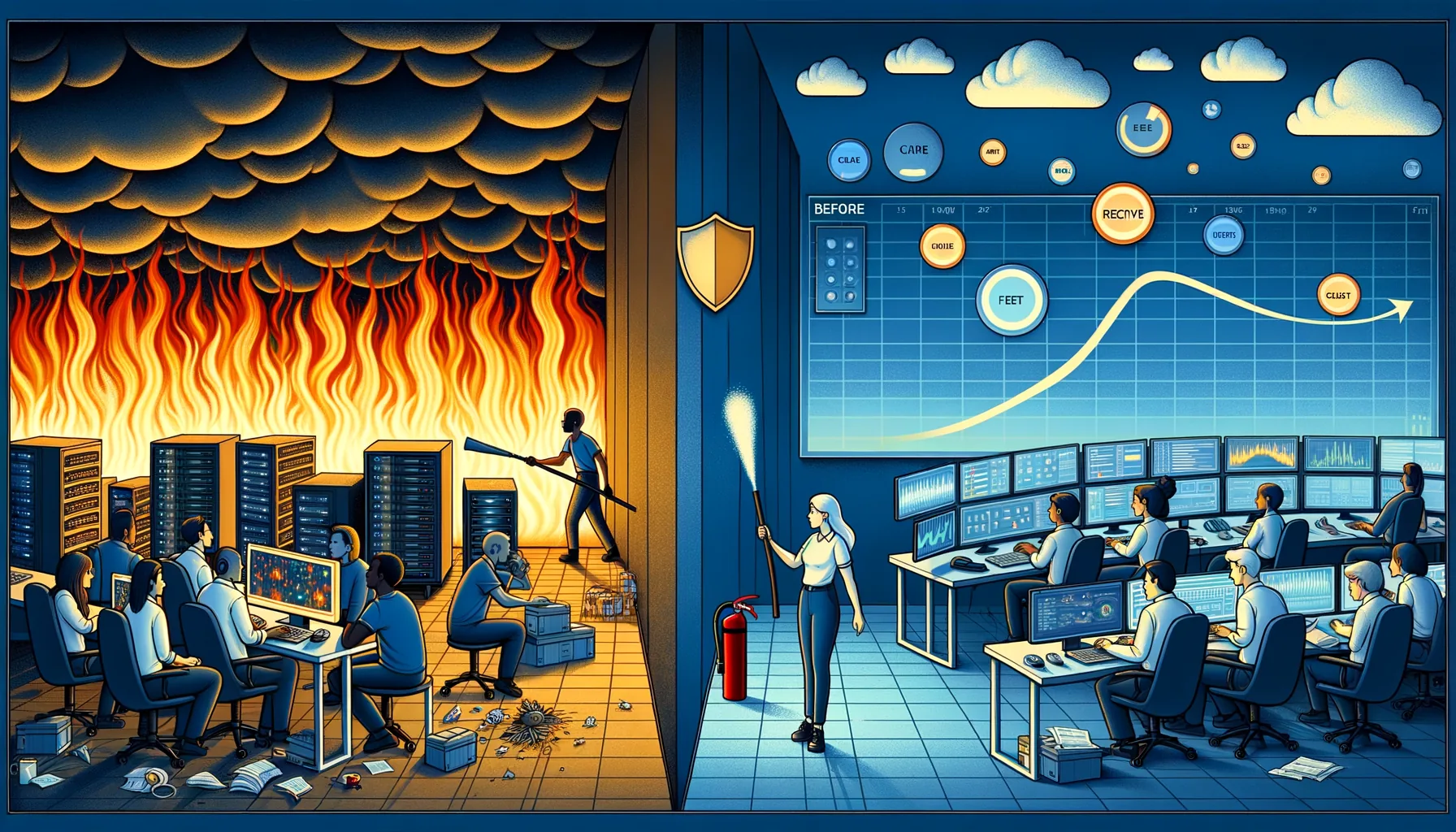 Business owner reviewing uptime metrics and cost savings on a network monitoring dashboard