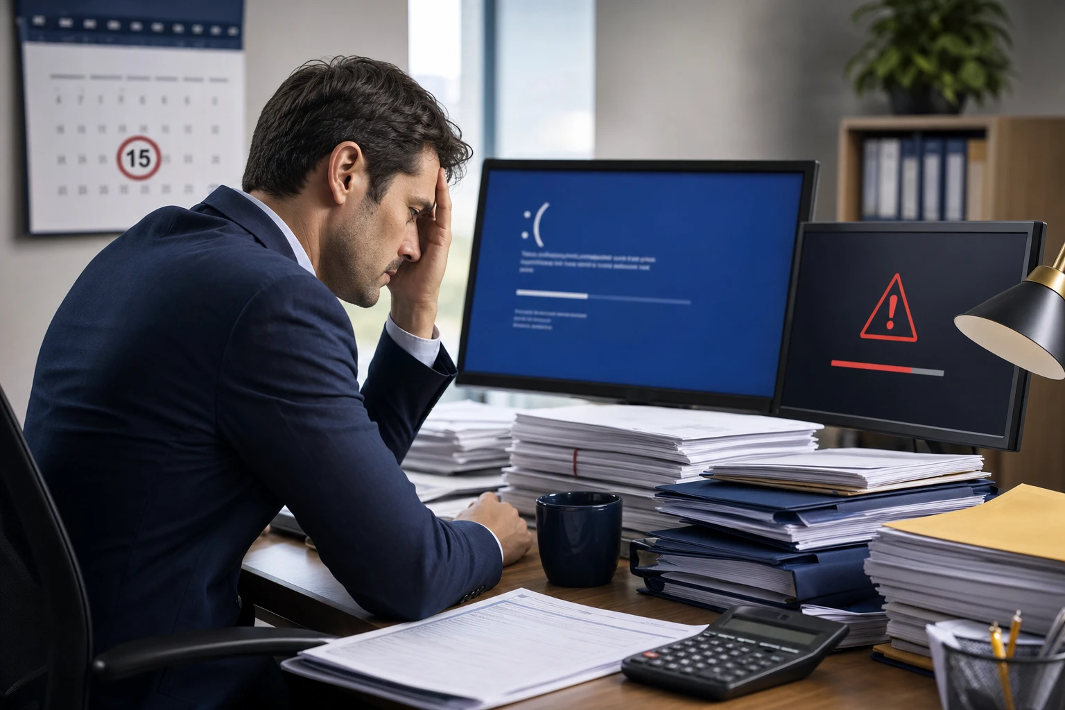 A CPA staring at a laptop screen showing a failed backup notification, with tax deadline calendars visible in the background