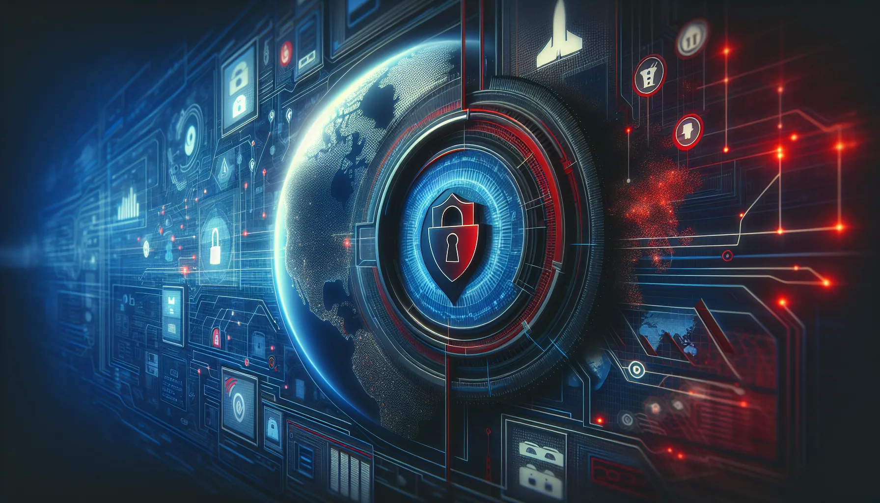 Traveler at an airport using a laptop on public Wi-Fi with a warning icon visible