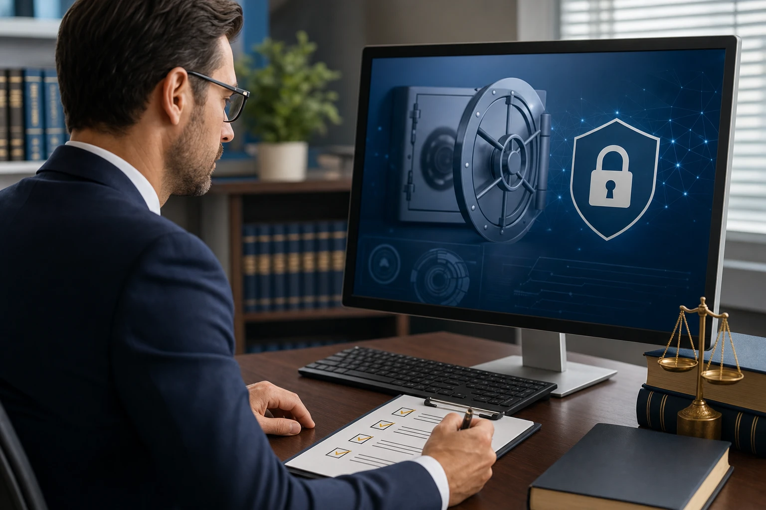 Attorney reviewing financial controls and security checklist for client trust accounts at a law firm