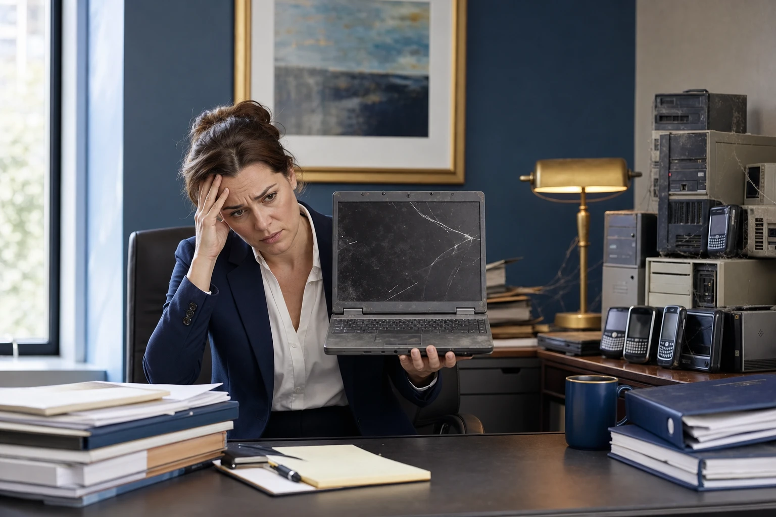 A stack of old laptops on an office desk, representing retired devices at a small law firm that may still contain sensitive client data