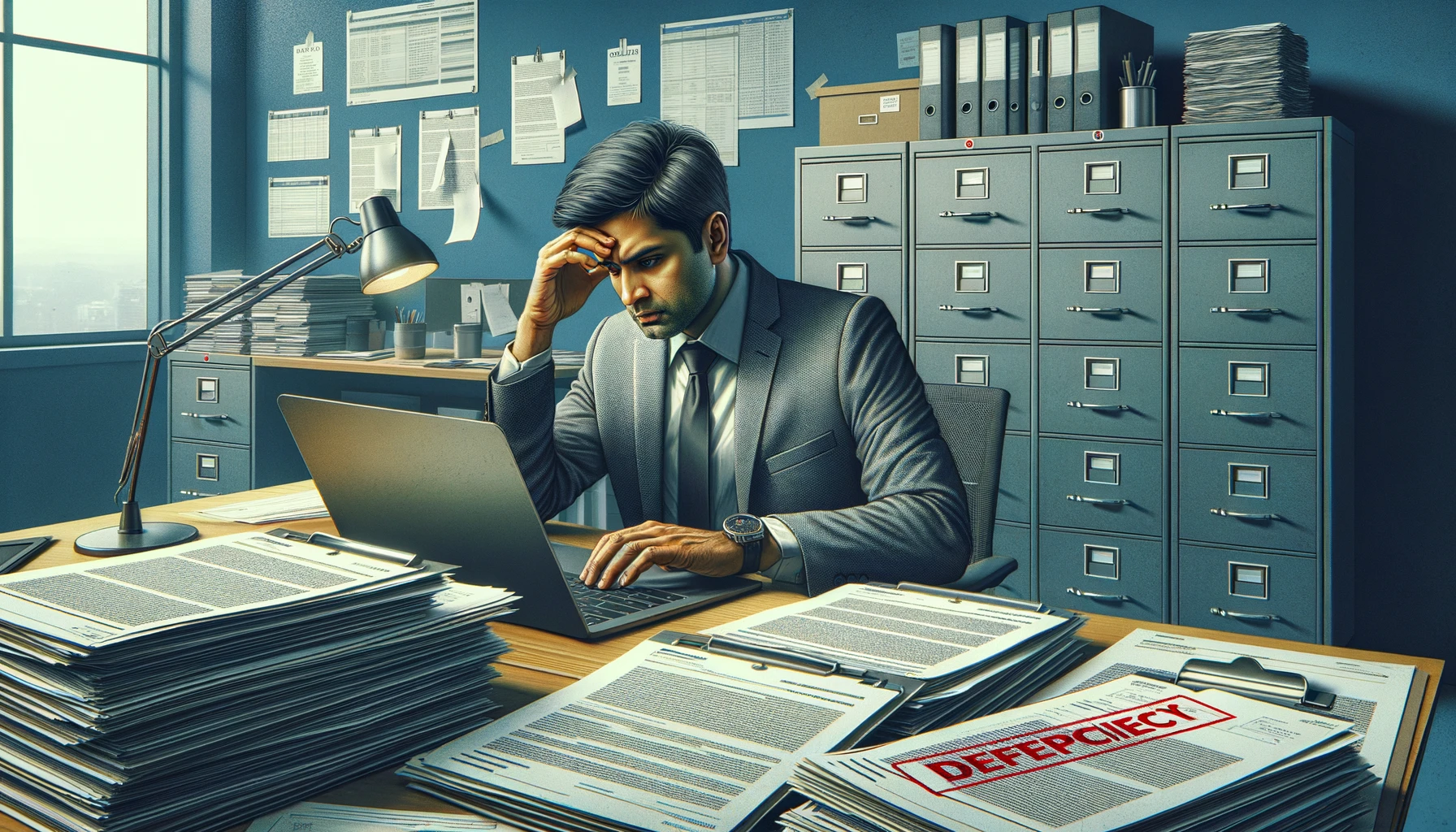 A CPA reviewing email records on a laptop at a desk with tax documents and a coffee mug, representing email archiving compliance for accounting firms