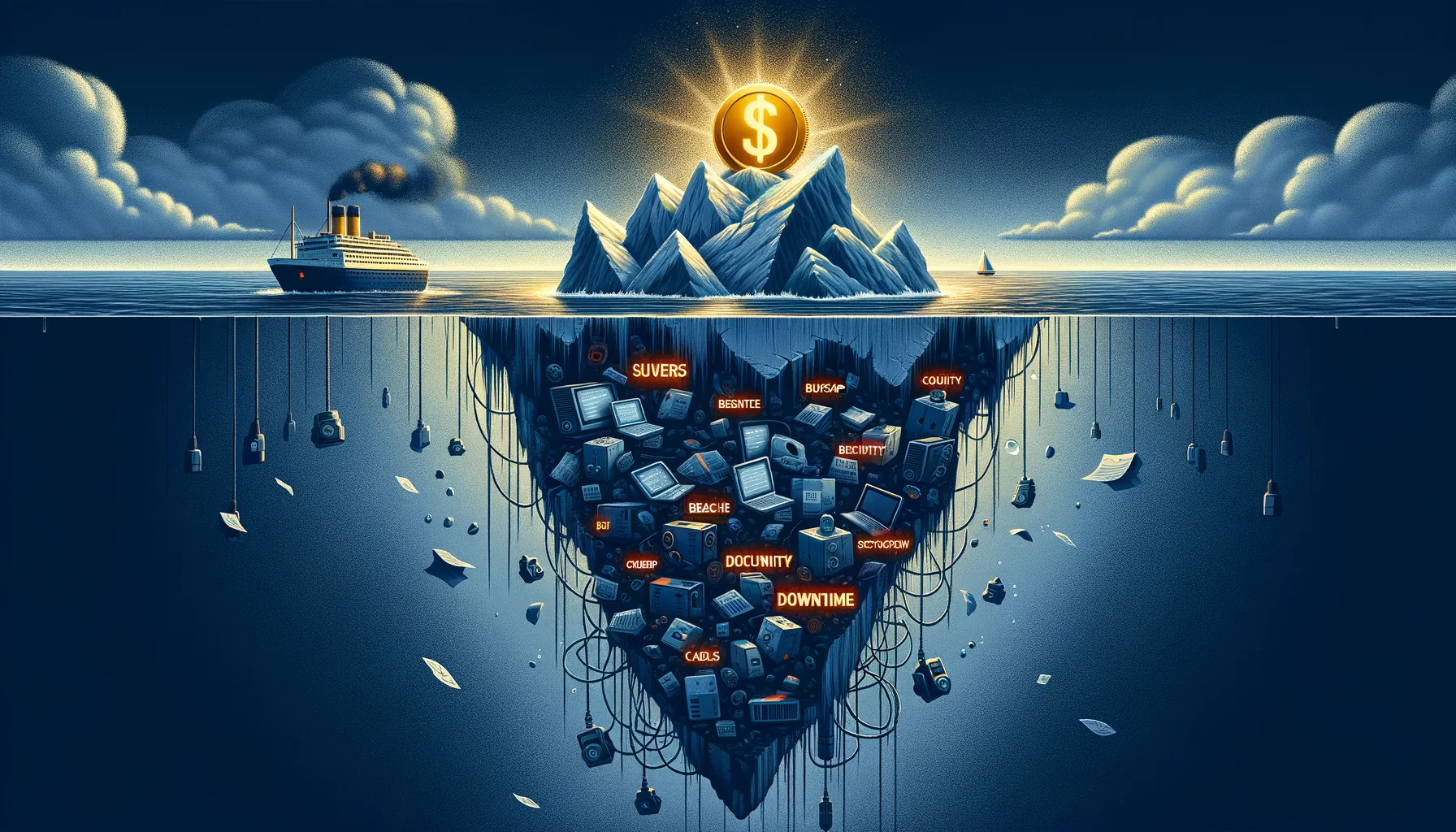 Dollar bills disappearing into a cracked server representing hidden costs of budget IT