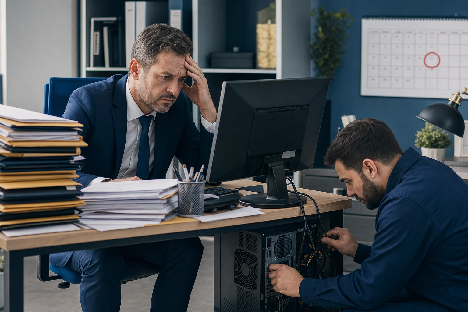 CPA firm accountant at desk surrounded by monitors and tax documents during busy tax season