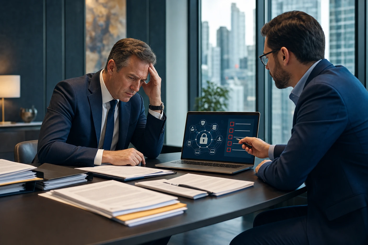 Two attorneys reviewing documents at a conference table with laptops open, representing IT due diligence during a law firm merger