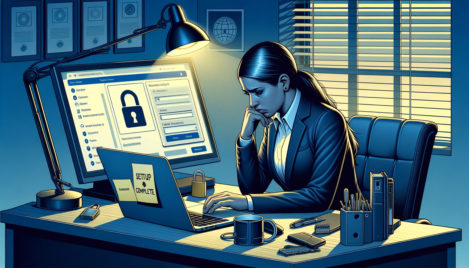 A lawyer reviewing security settings on a laptop displaying the Microsoft 365 admin center dashboard