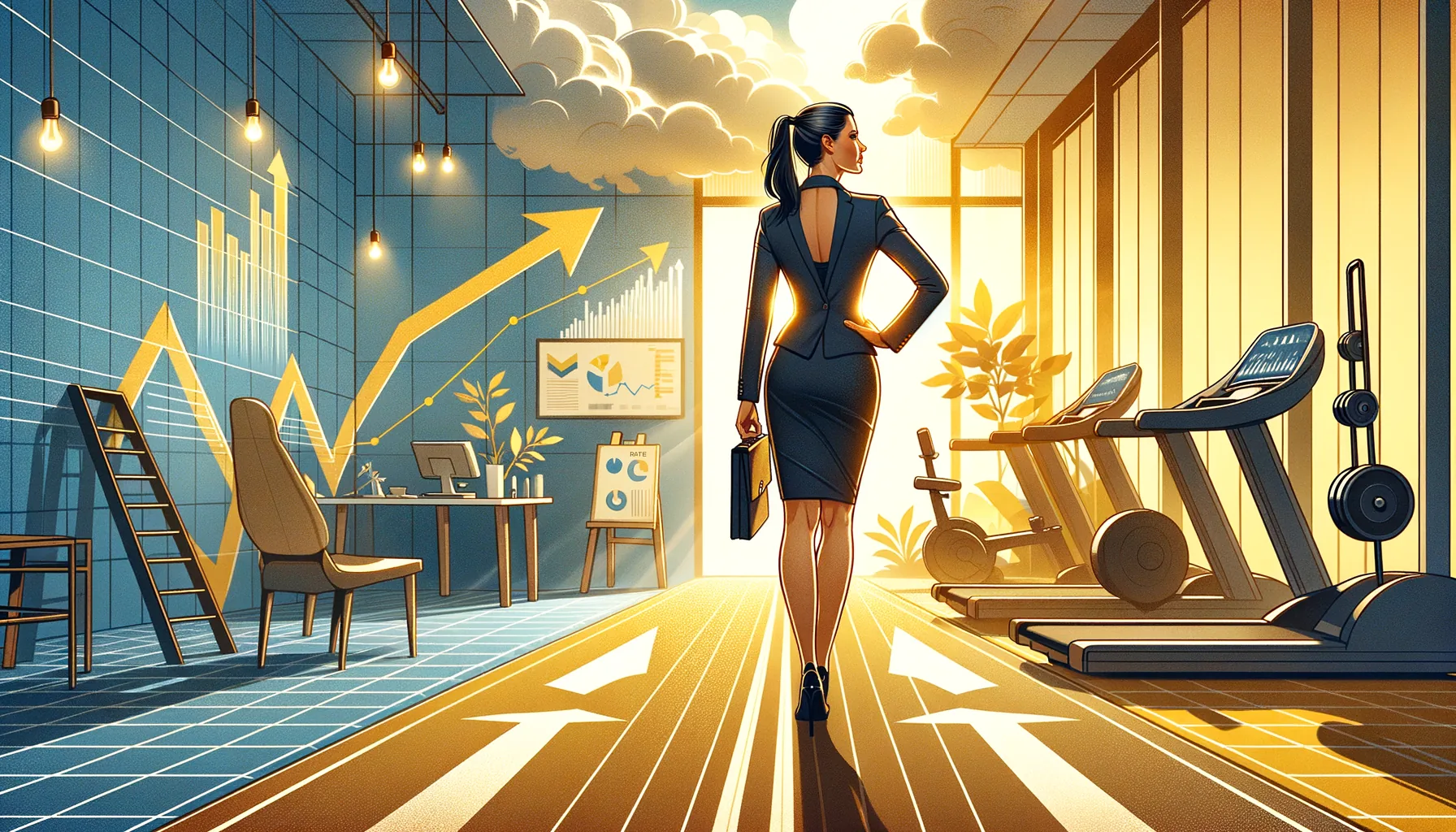 Abandoned gym equipment next to a glowing laptop with a technology upgrade checklist