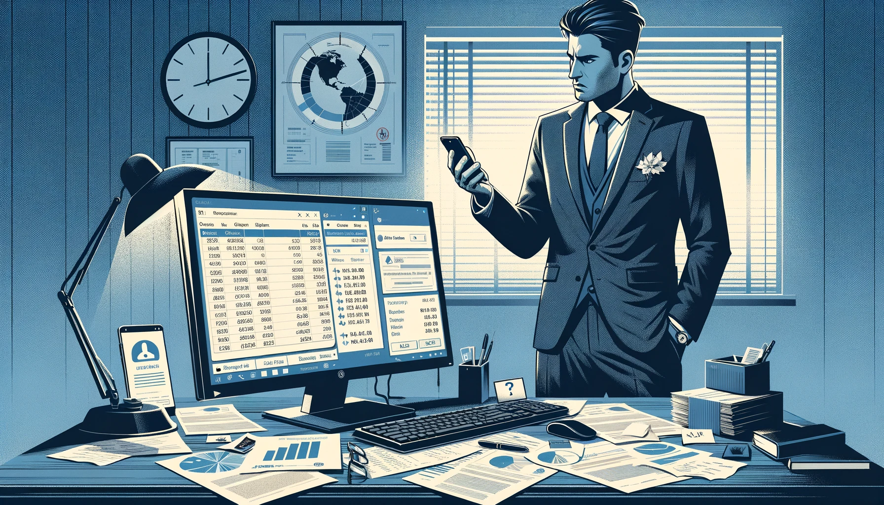 A financial advisor at a desk reviewing documents while a technician works on a computer in the background, suggesting reactive IT support