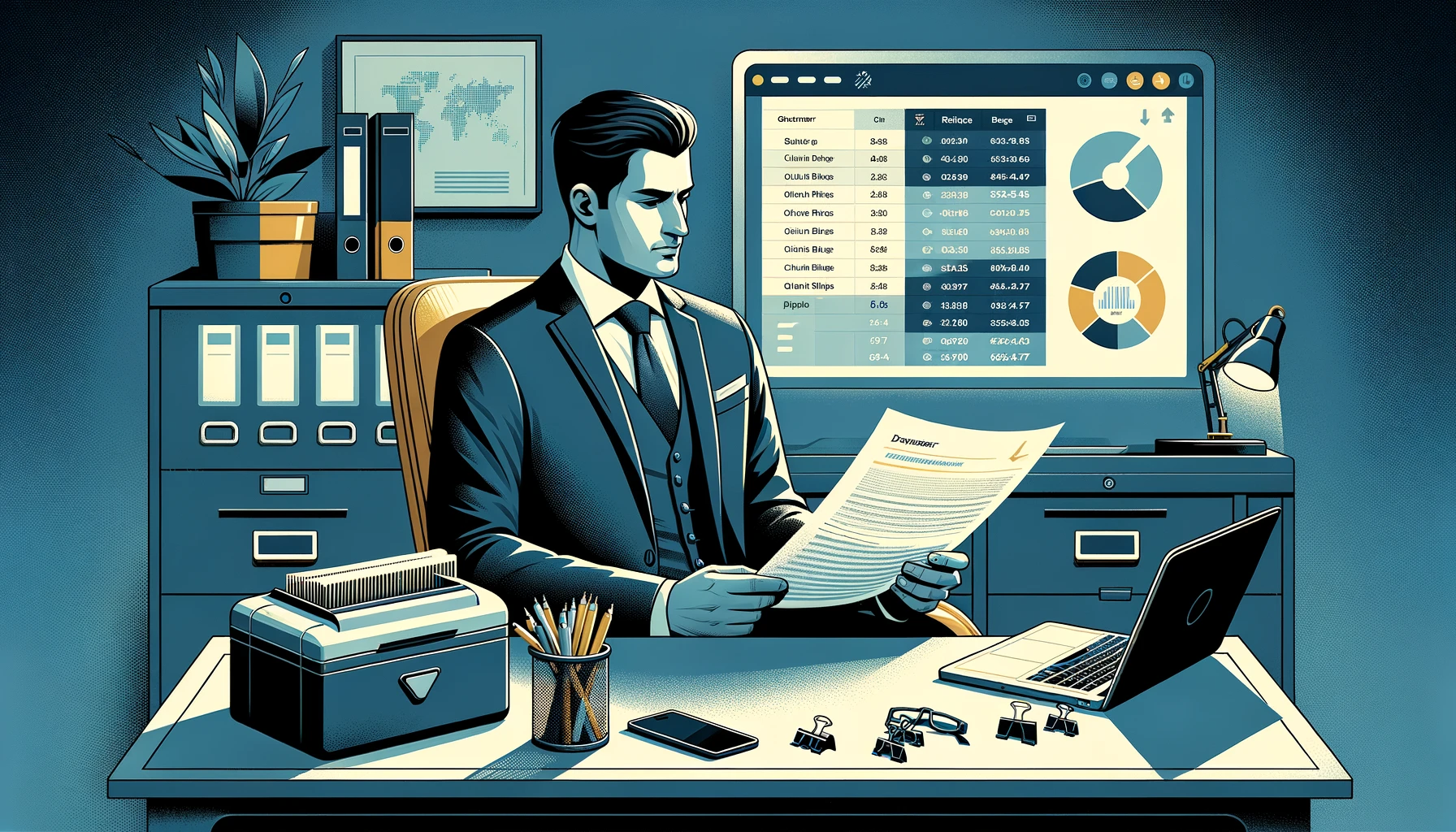 An accountant reviewing document retention schedules on a laptop next to organized file folders in a professional office setting