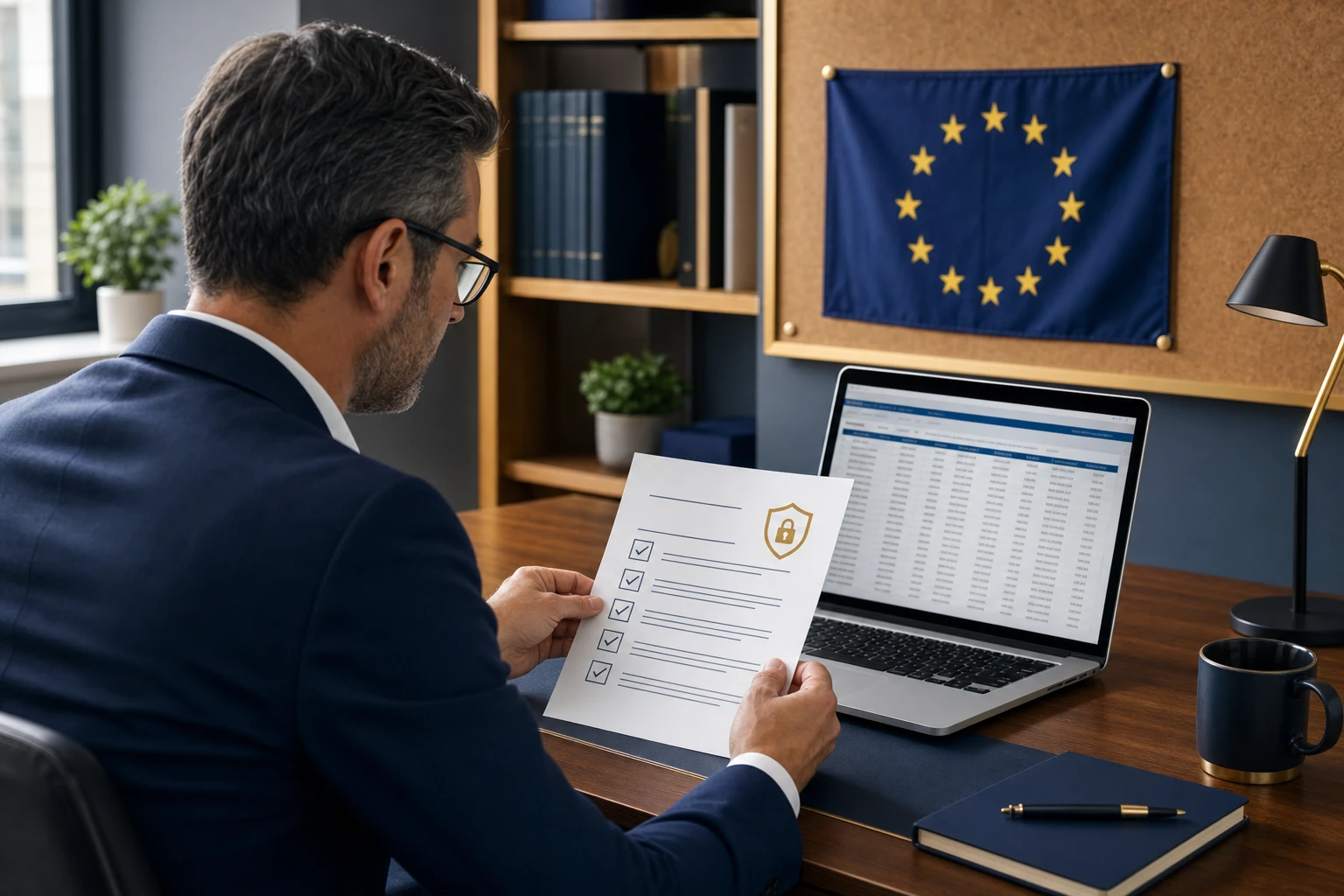 Financial advisor reviewing compliance documents at a desk with a laptop displaying EU regulatory content
