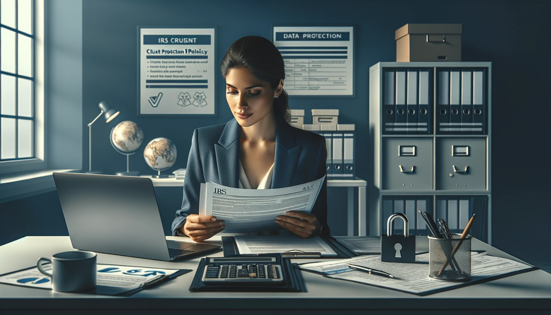 CPA reviewing a written information security plan on a laptop at a desk with tax documents nearby