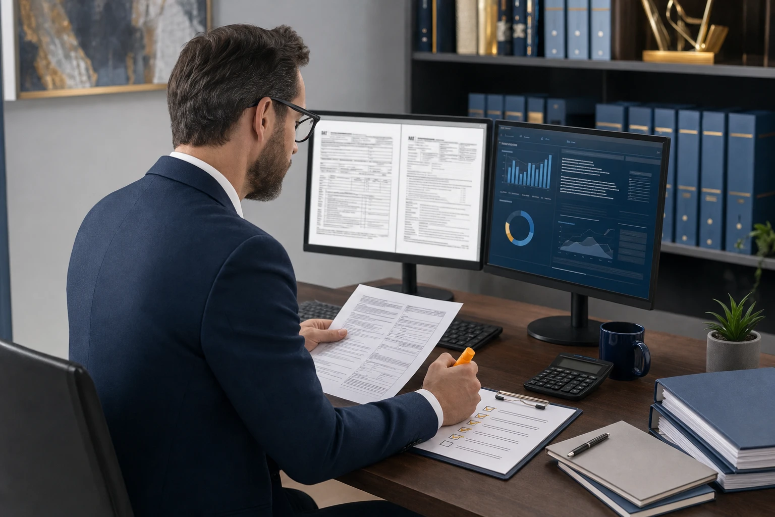 A CPA reviewing AI-generated tax analysis on a laptop, with client financial documents visible on the desk beside them
