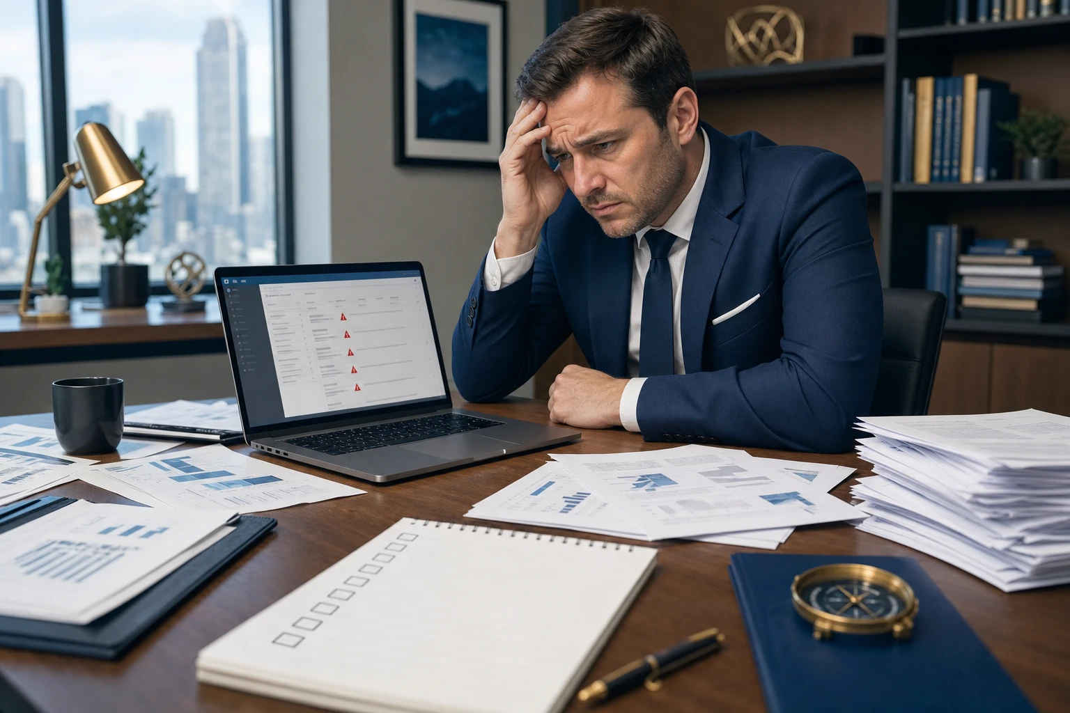 Financial advisor reviewing Microsoft 365 security settings on a laptop at a modern office desk