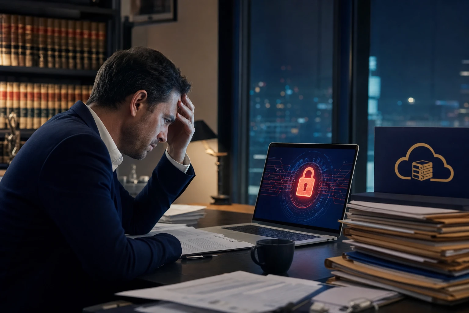 A lawyer reviewing a contract on a laptop with a security warning icon overlaid, representing vendor data breach risk for law firms