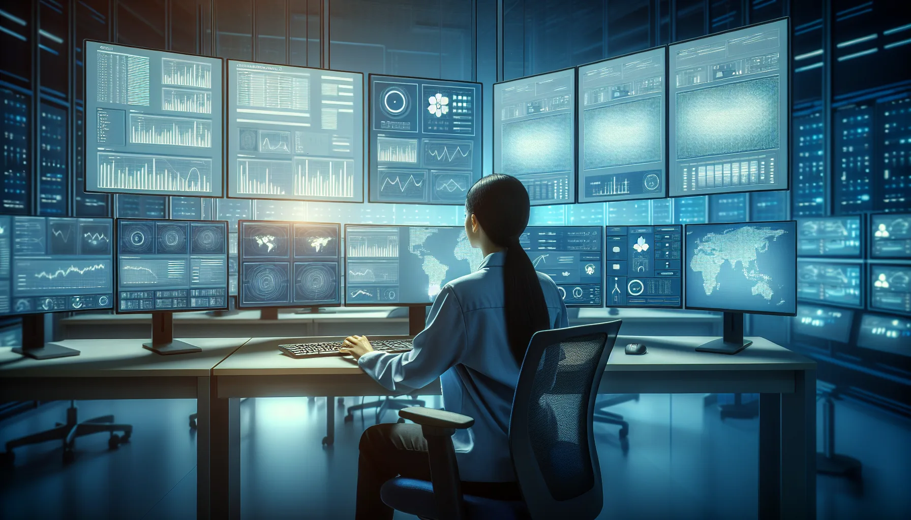IT technician remotely monitoring multiple client network dashboards from a control center