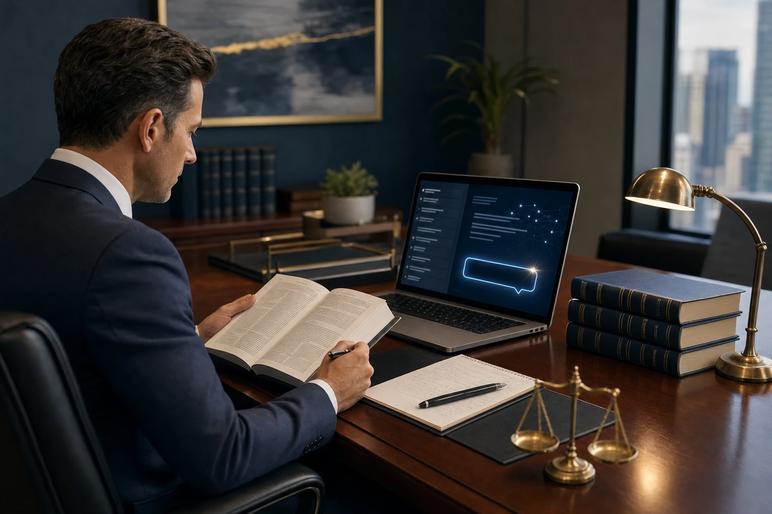An attorney reviewing AI-generated legal research on a laptop beside a stack of case files in a law office
