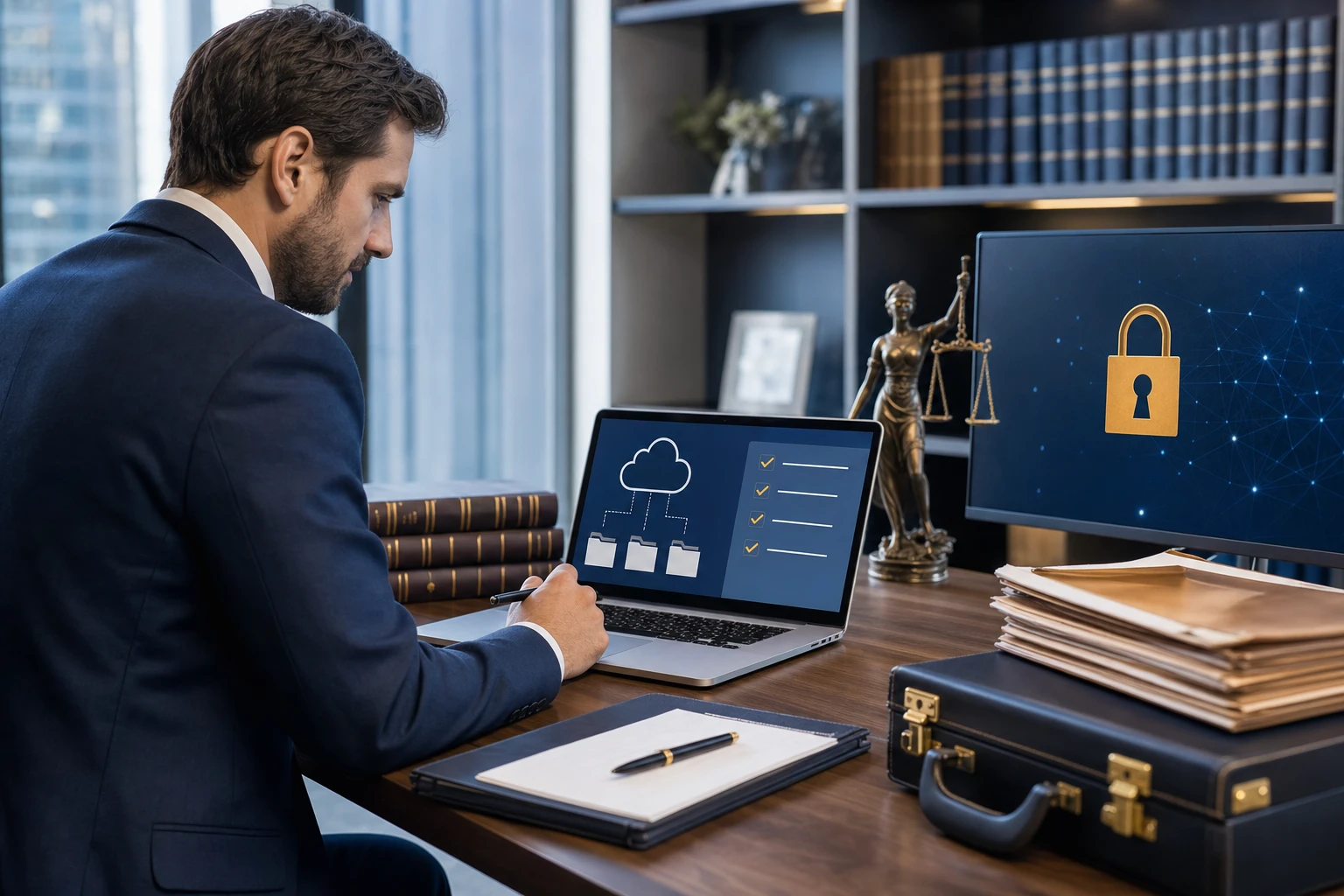 A lawyer reviewing documents on a laptop in a modern law office, with a cloud storage interface visible on the screen