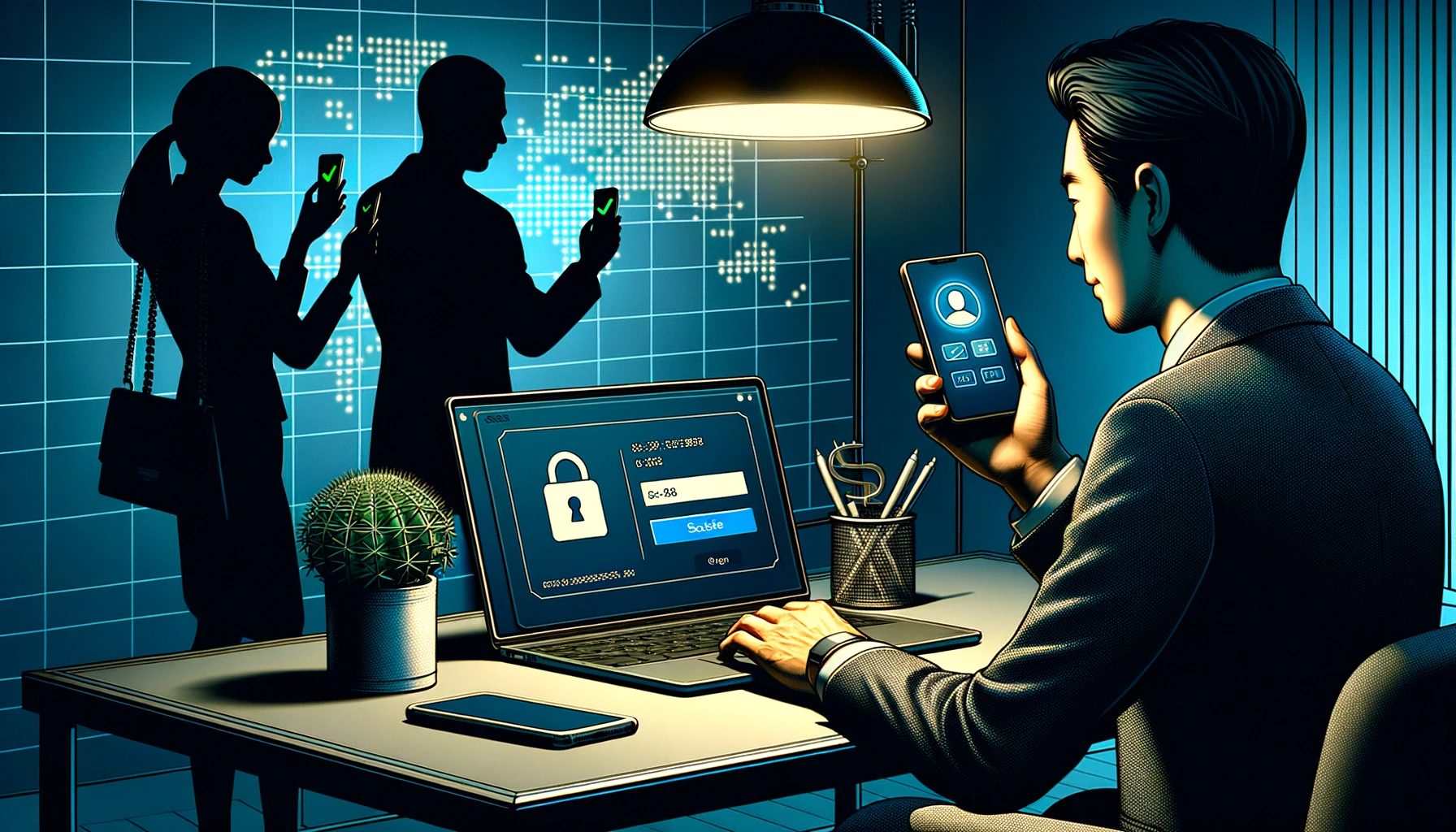 A person entering a verification code on a smartphone while logging into a laptop, representing multi-factor authentication in a professional office setting