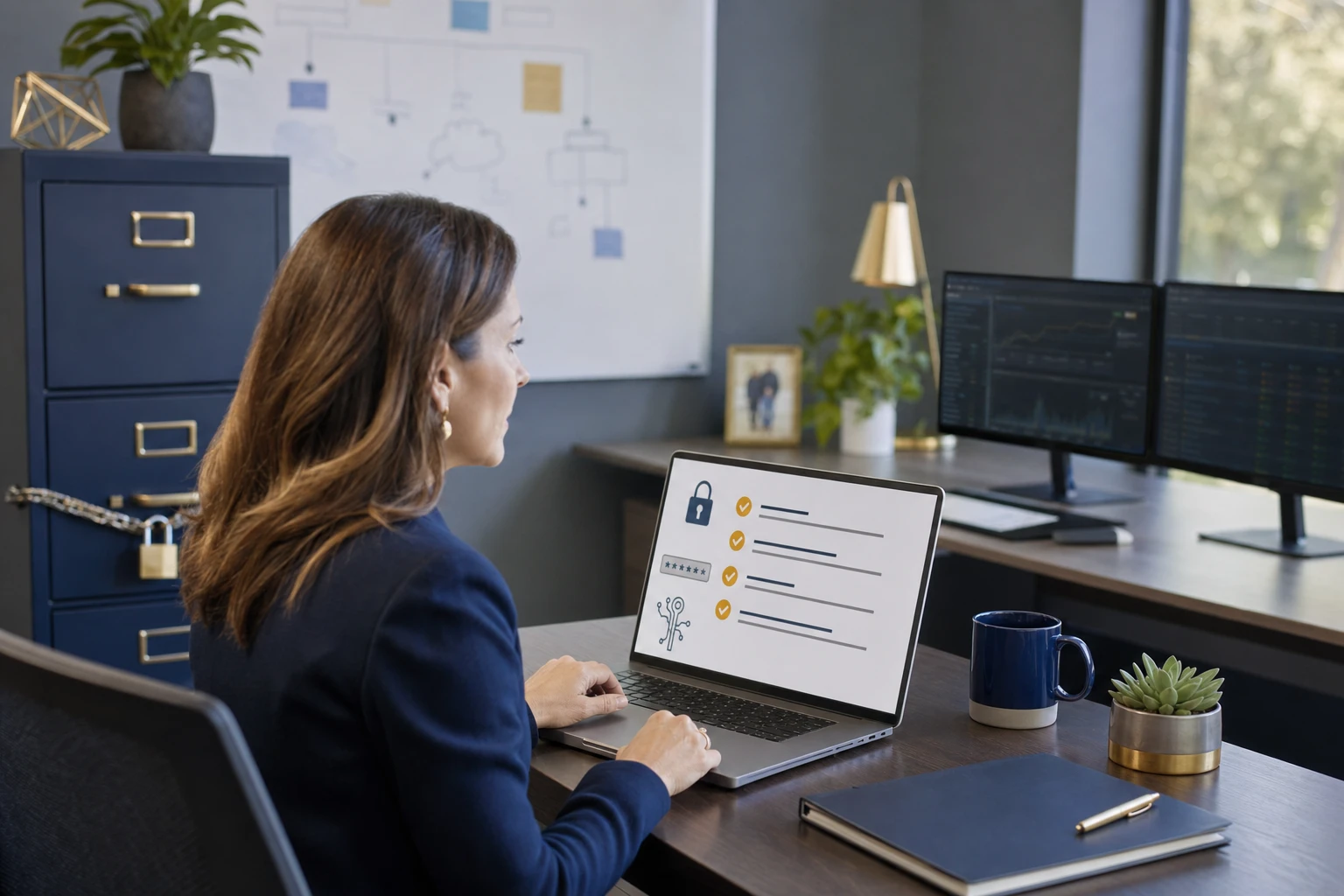 A financial advisor reviewing a security compliance checklist on a laptop at a small office desk