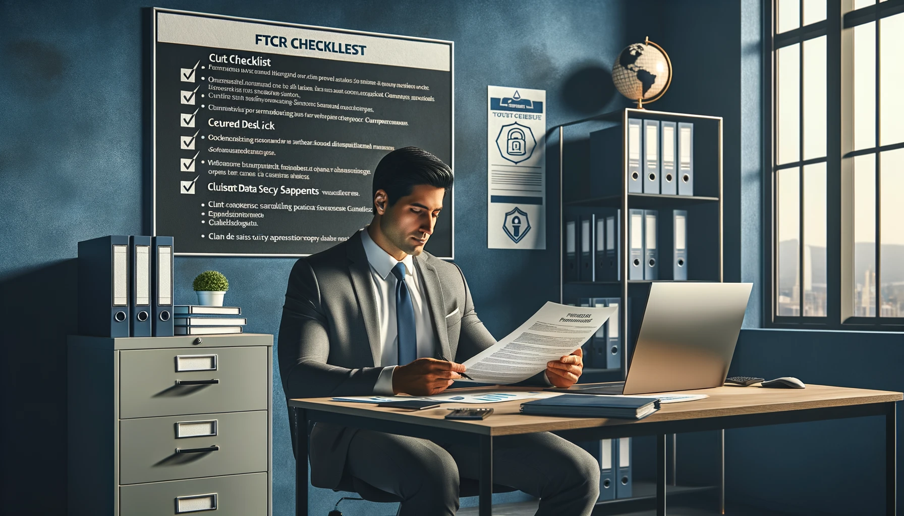 A financial advisor reviewing a written information security program document at a desk with a laptop and compliance binder