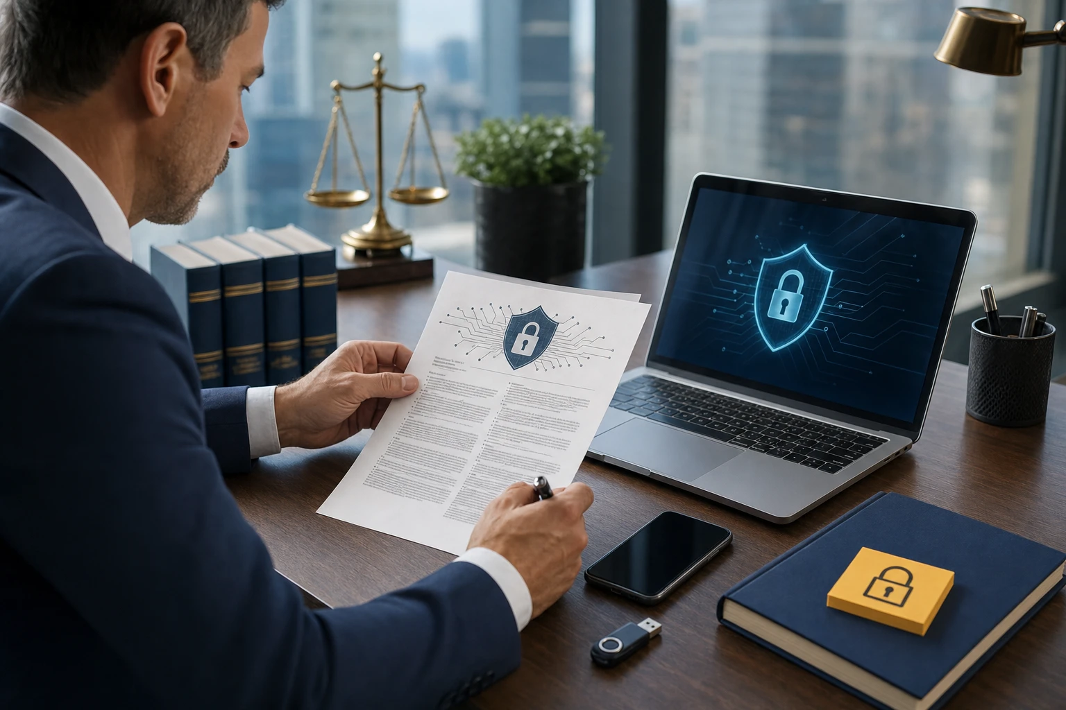 A lawyer reviewing a technology policy document at a desk with a laptop and legal files