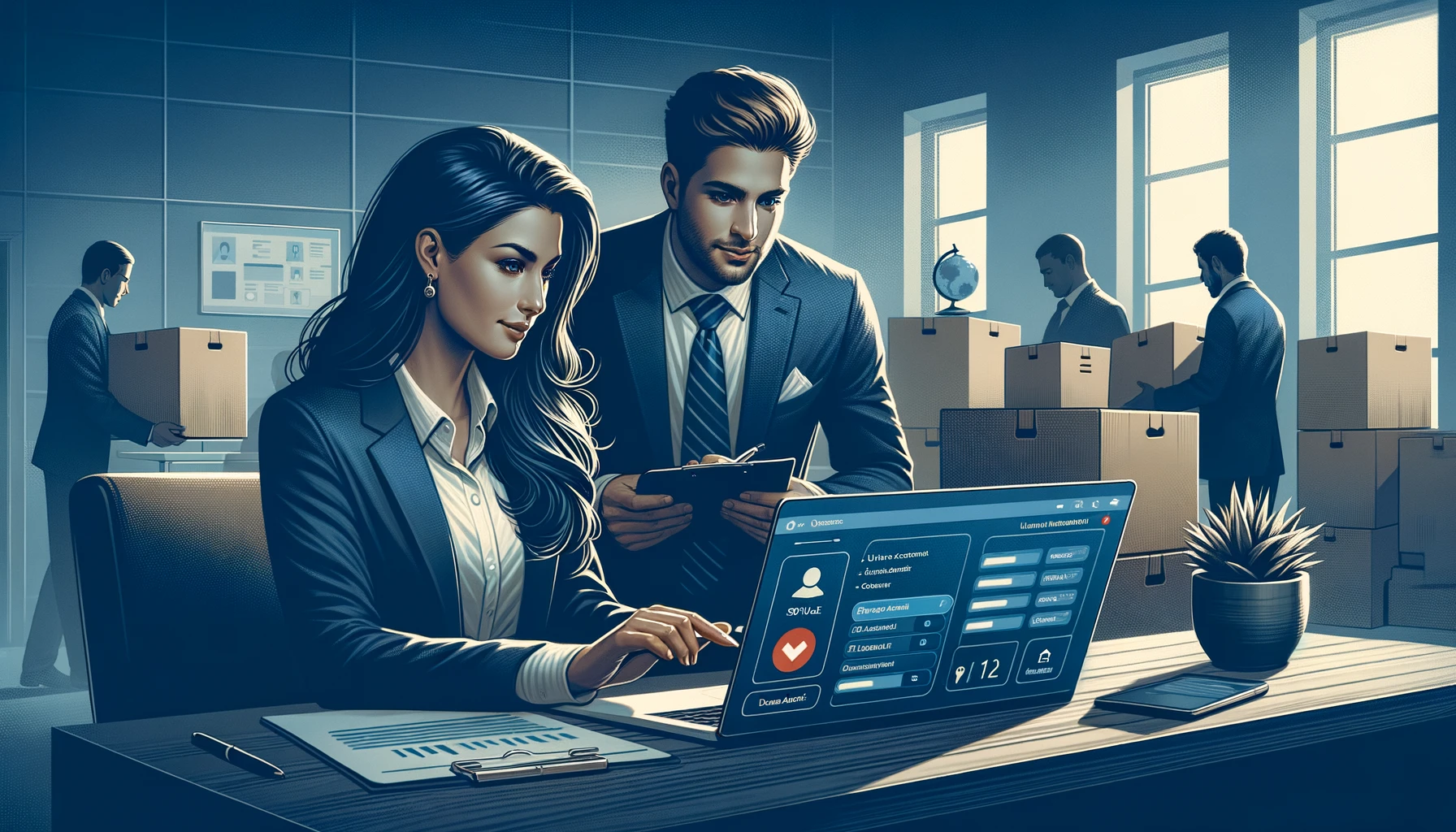 A professional reviewing access control settings on a laptop, with a departing employee's badge on the desk beside them